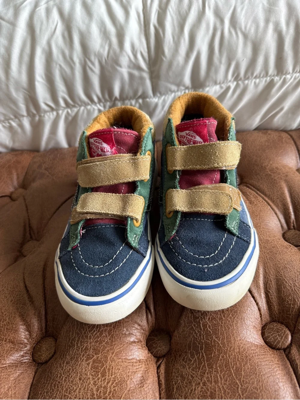 Vans Kids Navy Green Burgundy Tan Velcro Sneakers